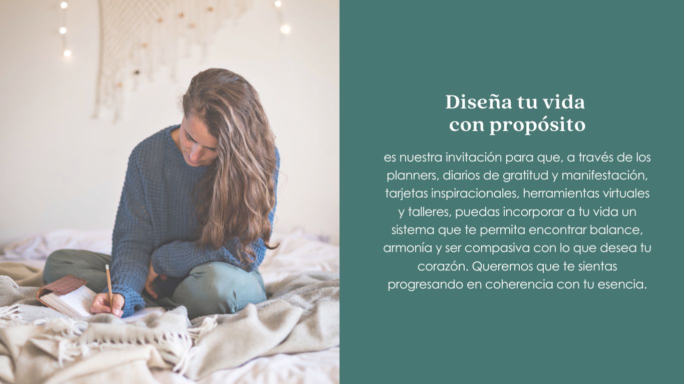 Diseña tu vida con propósito diarios de gratitud, manifestación tarjetas inspiraciones herramientas virtuales y talleres para incorporar en tu día a día y encontrar balance. 